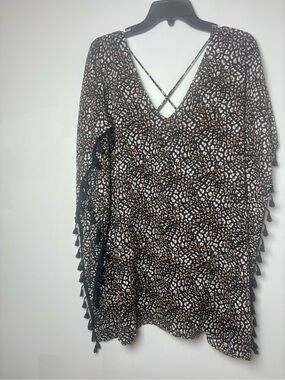 Leopard-Print Black & Brown Swim Coverup with Tassel Trim